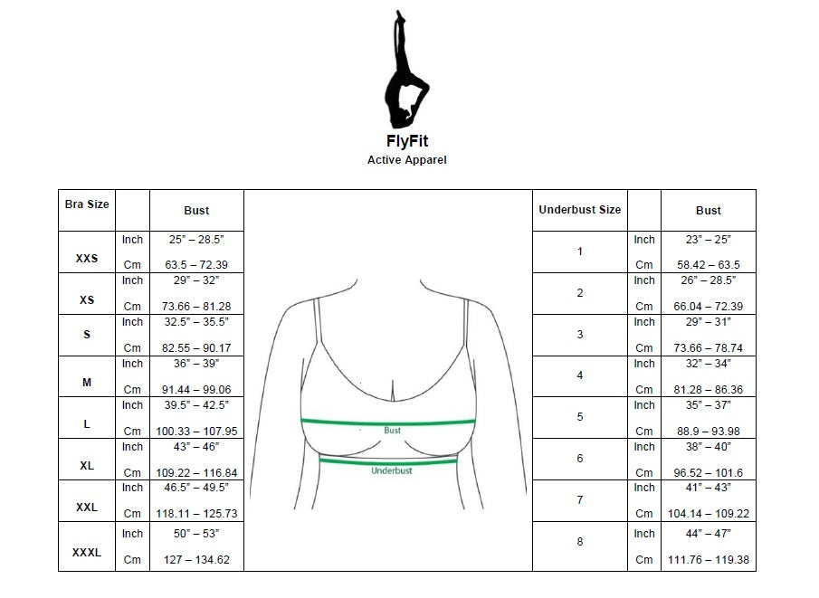 Bras size chart for FlyFit Active Apparel with measurements in inches and centimeters.