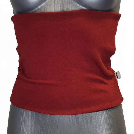 Red tube top on a mannequin with a white background
