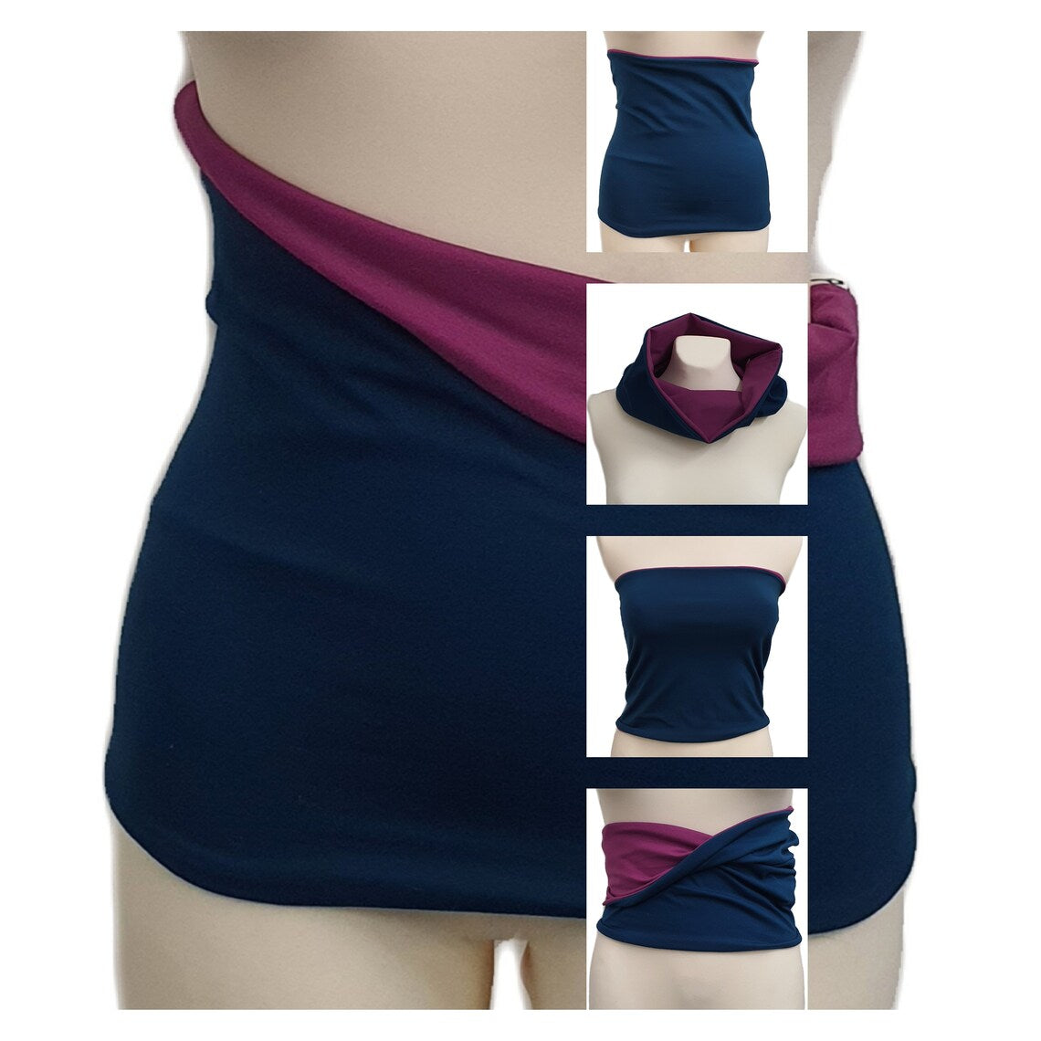 Collage of a navy and pink top worn by a person on a white background