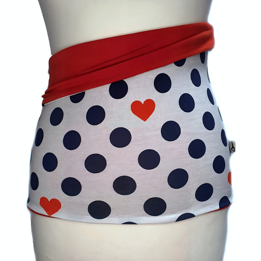 Double-Sided Back Warmer Haramaki – Polka Dots & Hearts Print with Solid Red