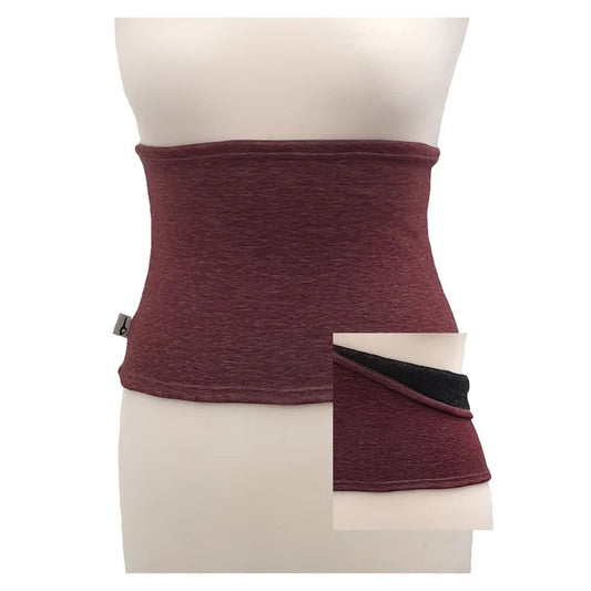 Fly and Fit burgundy red Alpine fleece core warmer haramaki with a plush black thermal lining for winter training.