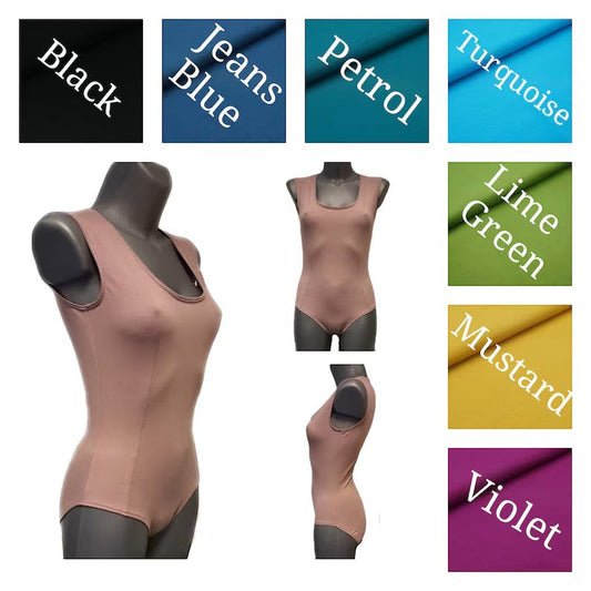 Fly and Fit cotton princess-cut leotard in mauve on a mannequin, shown with various fabric color swatches.