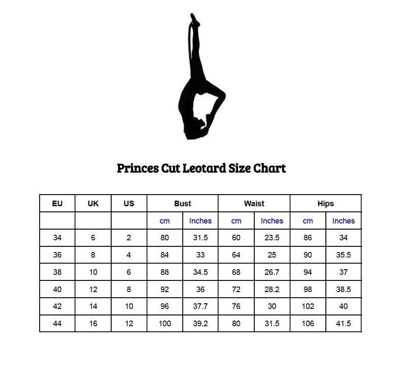 Fly and Fit princess-cut leotard size chart with measurements in cm and inches for EU, UK, and US sizes.