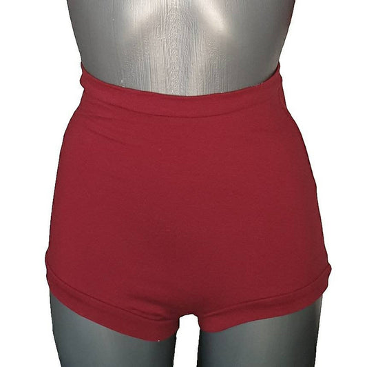 Fly and Fit high-waisted red cotton movement shorts with a vintage cut, designed for aerial and pole fitness.