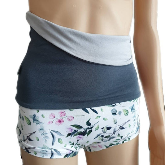 Fly and Fit reversible charcoal and slate cotton jersey core warmer worn over floral shorts on a mannequin