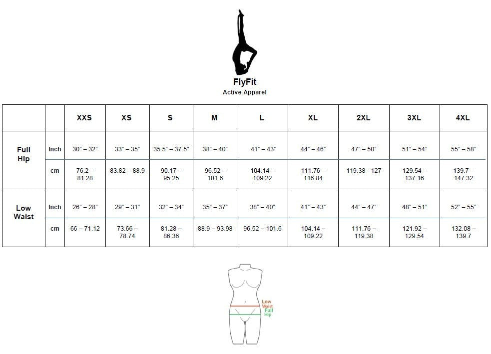 Fly and Fit size chart for elastic-free activewear showing hip and waist measurements in inches and centimeters