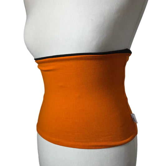 An orange waist trainer or waist cincher belt with a black elastic trim, displayed on a white mannequin torso against a white background.