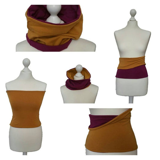 Mannequins wearing a two-tone scarf in purple and brown on a white background