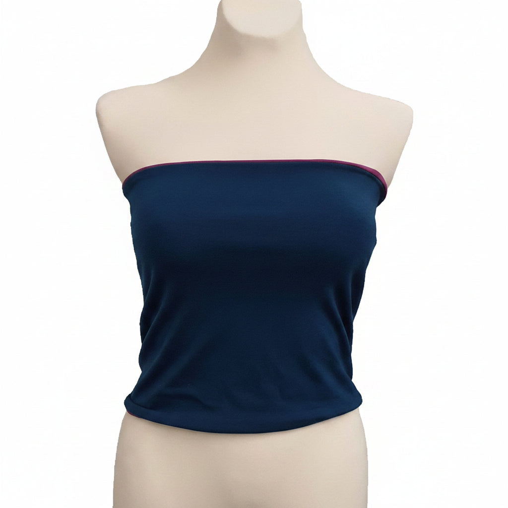 Navy blue strapless top on a mannequin with a white background