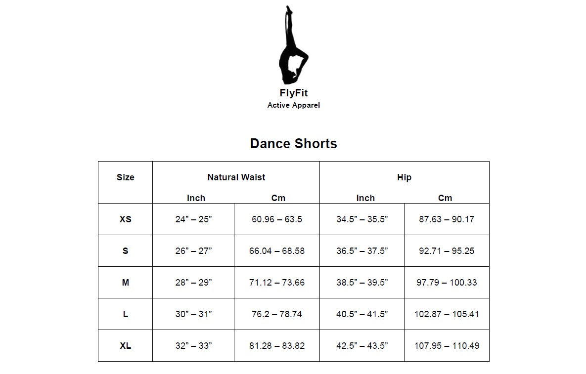Size chart for Dance Shorts by FlyFit on a white background