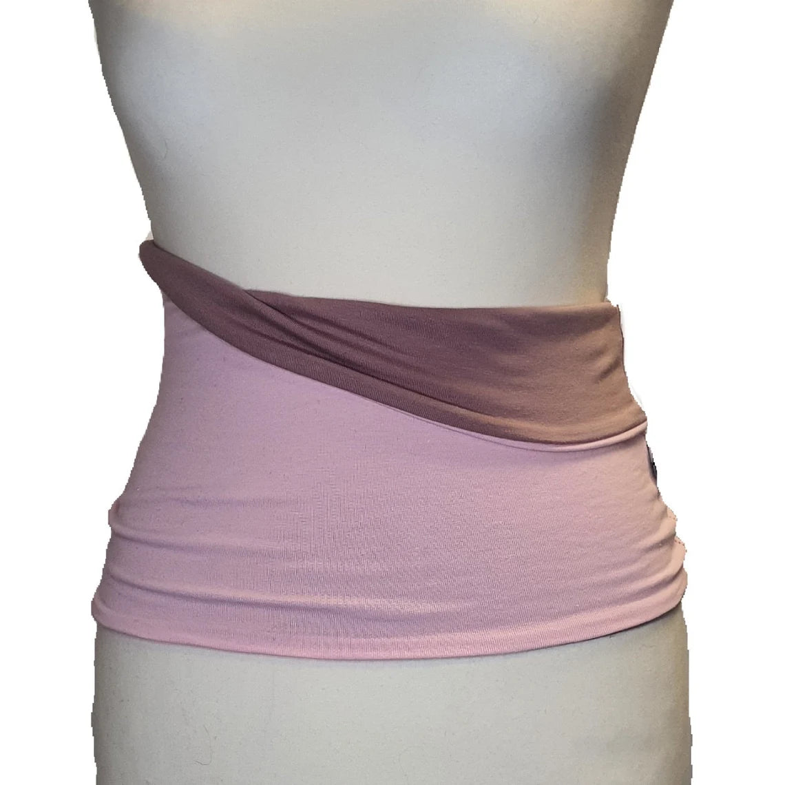 Mannequin wearing a pink and purple wrap-around top on a white background