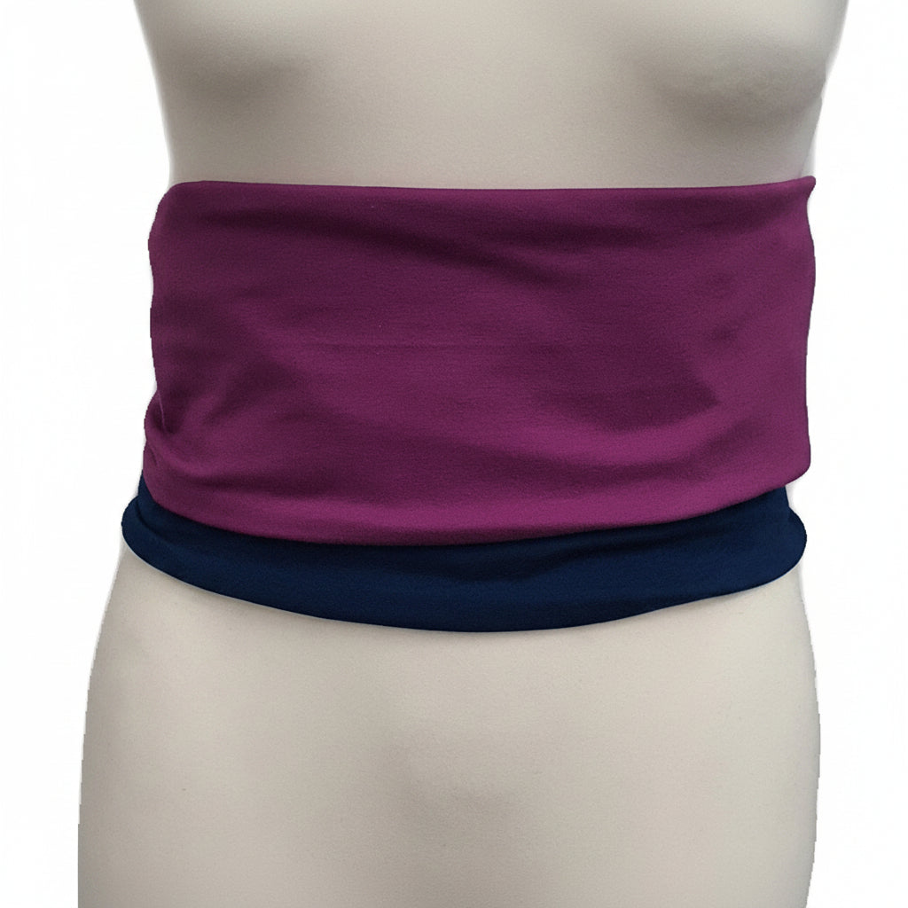 Two-layered fabric wrap, one purple and one blue, on a mannequin with a white background.
