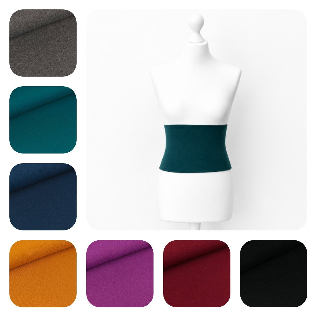 Mannequin wearing a teal belt with color swatches below on a white background