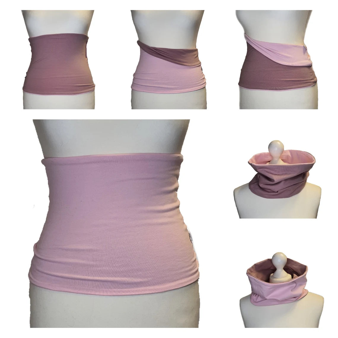 Collage of a pink and purple garment on mannequins and a hook.