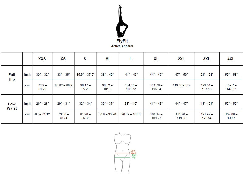 Size chart for FlyFit Active Apparel with measurements in inches and centimeters.