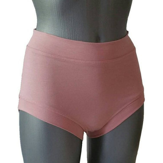 Pink high-waisted underwear on a mannequin with a white background