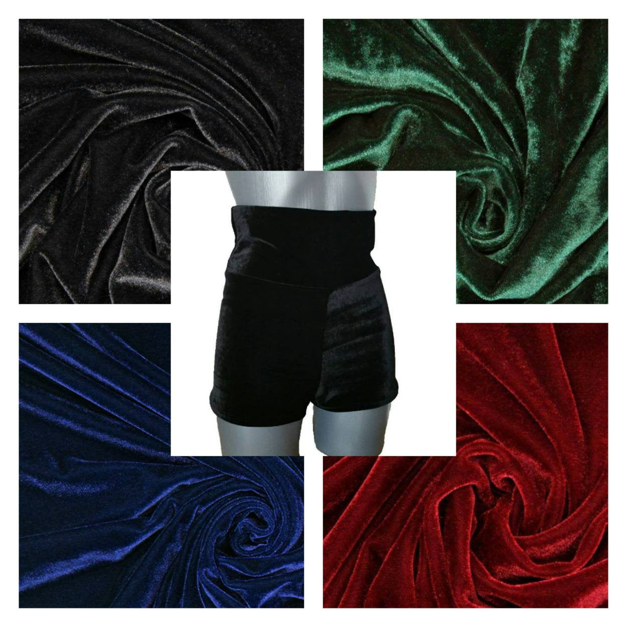 Collage of velvet fabric in black, green, blue, and red with a person wearing black shorts.