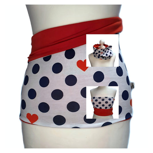 Double-Sided Back Warmer Haramaki – Polka Dots & Hearts Print with Solid Red