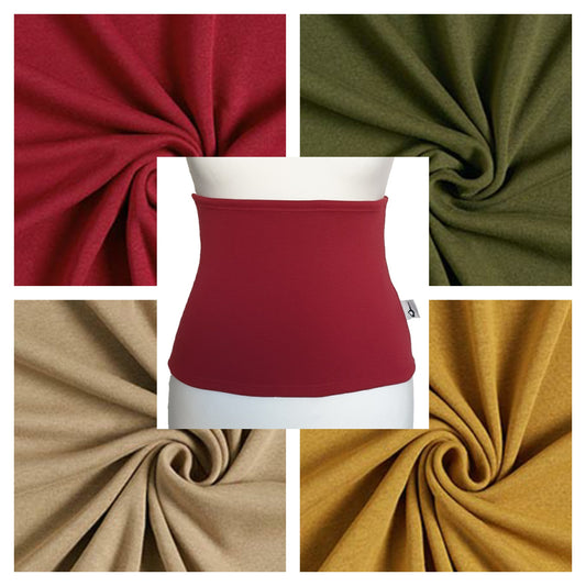 Fly and Fit Alpine fleece core warmer in red, shown with fabric swatches in red, olive, beige, and mustard yellow.