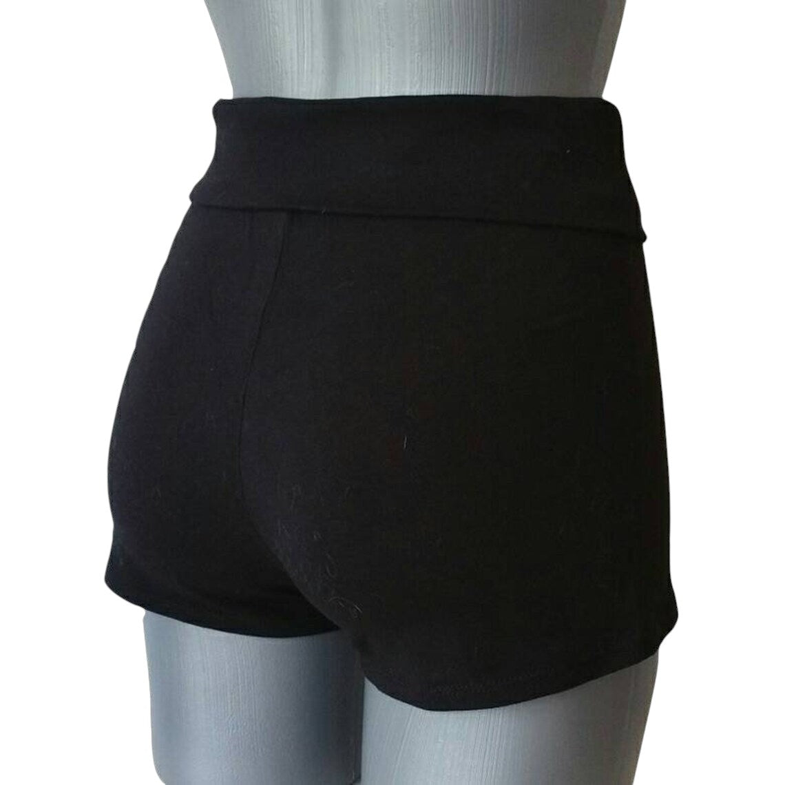 Fly and Fit black cotton high-waisted movement shorts for aerial fitness and yoga, featuring an adjustable waistband.