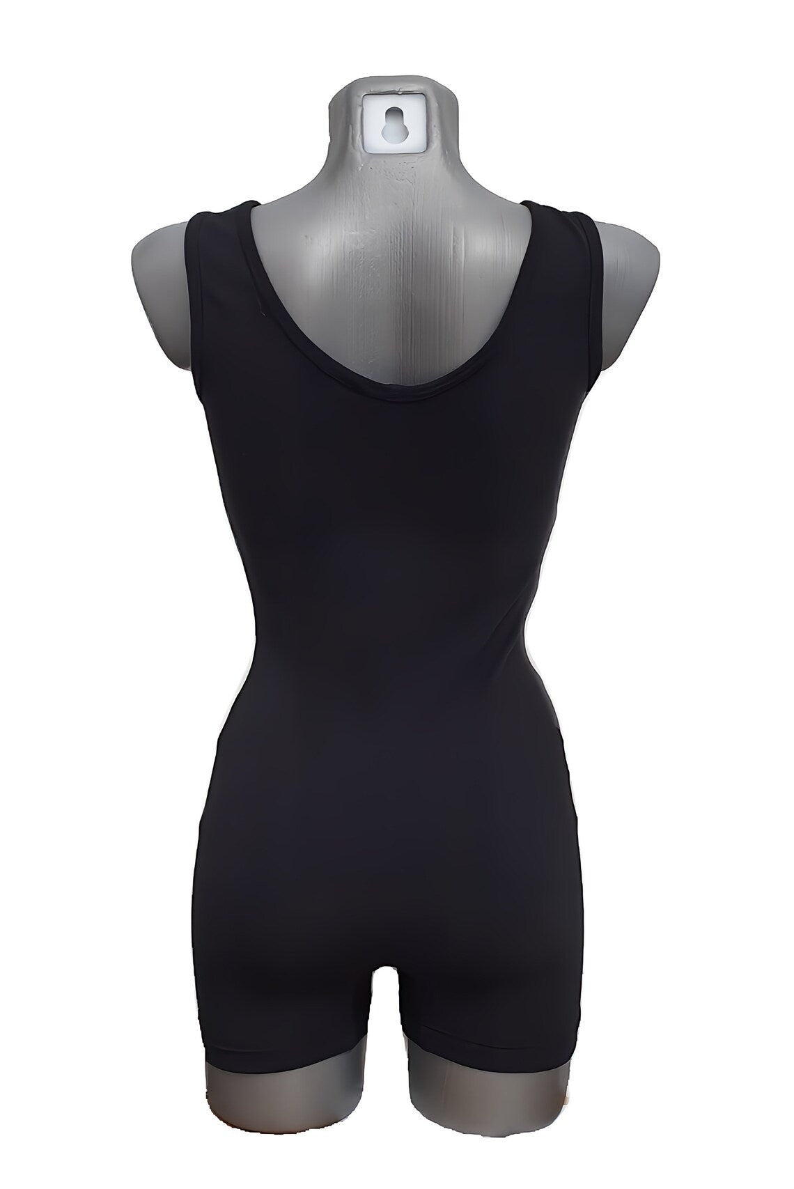 Fly and Fit black elastic-free cotton short unitard on a mannequin, back view for aerial and dance training.