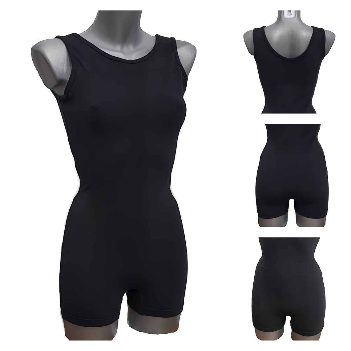Fly and Fit black elastic-free cotton short unitard for aerialists and dancers shown from front and back angles.