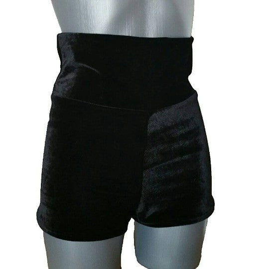Fly and Fit black high-rise velvet shorts with an elastic-free double fold waistband for aerial and fitness training.