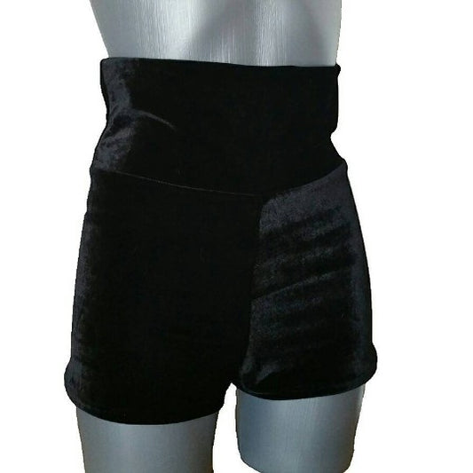 Fly and Fit black high-rise velvet shorts with an elastic-free double fold waistband for aerial and fitness training.