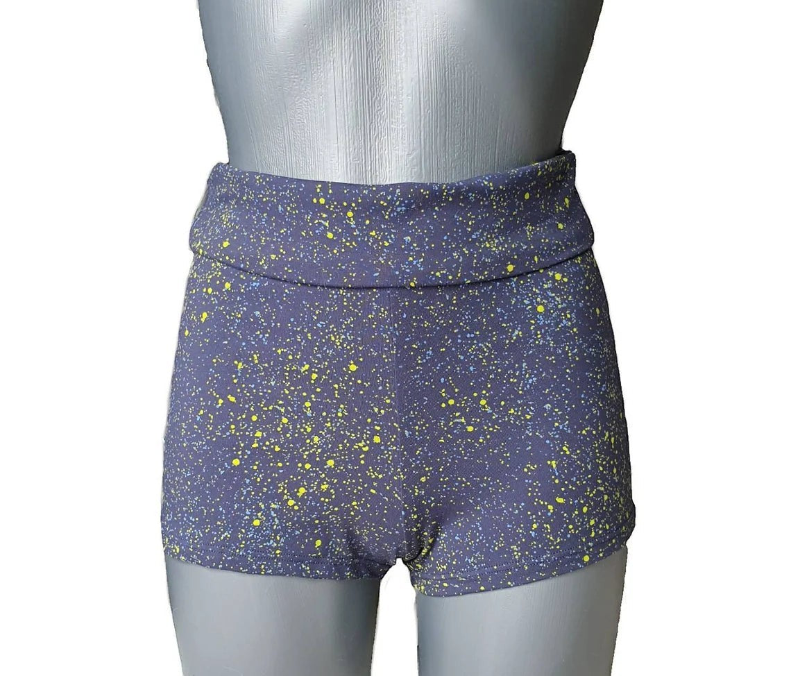 Fly and Fit blue and neon paint splatter cotton shorts with adjustable high-waist to low-rise fit.