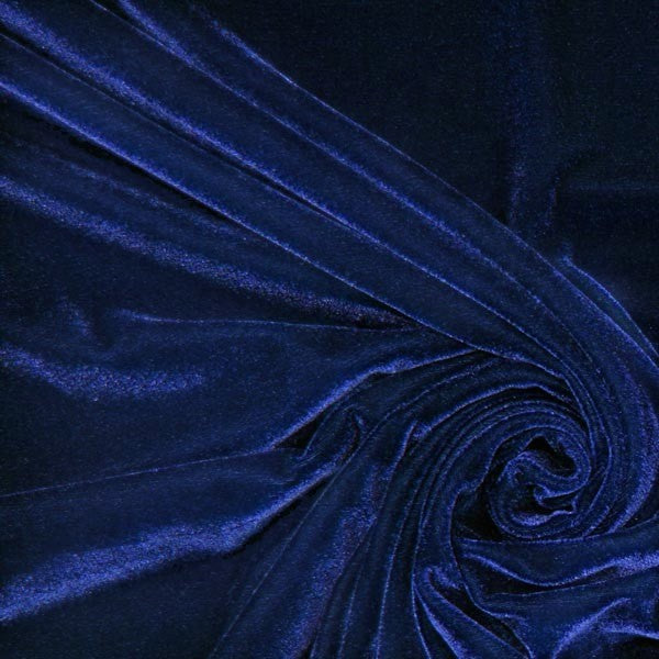 Fly and Fit deep blue velvet fabric with a soft, luxurious texture, ideal for aerial and movement apparel.