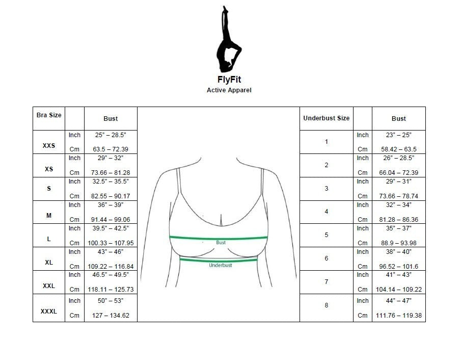 Fly and Fit size guide chart for powder pink cotton bralette showing bust and underbust measurements in inches and cm