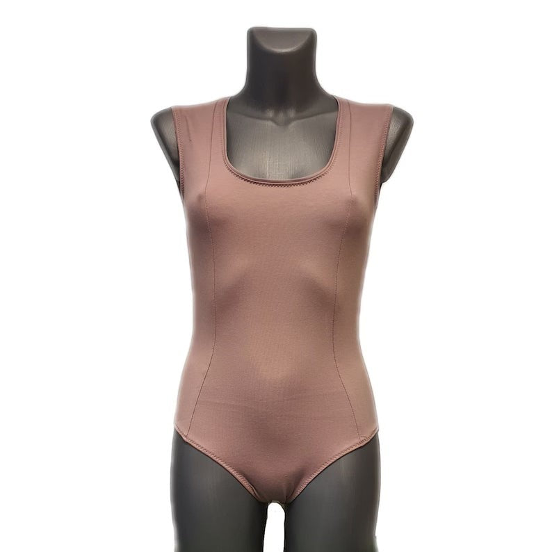 Fly and Fit brown cotton princess-cut leotard on a mannequin, featuring a scoop neck and vertical contour seams.