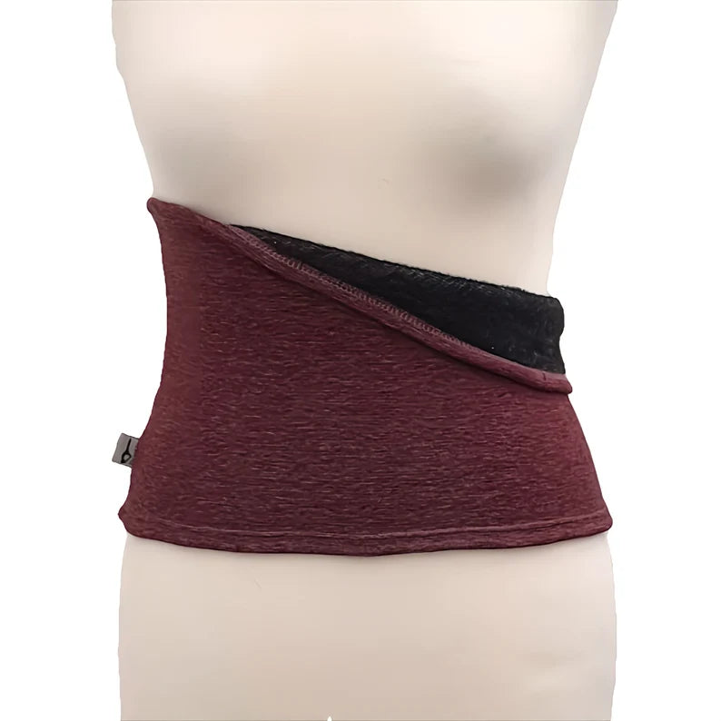 Fly and Fit burgundy red Alpine fleece core warmer showing the plush black thermal interior lining on a mannequin.