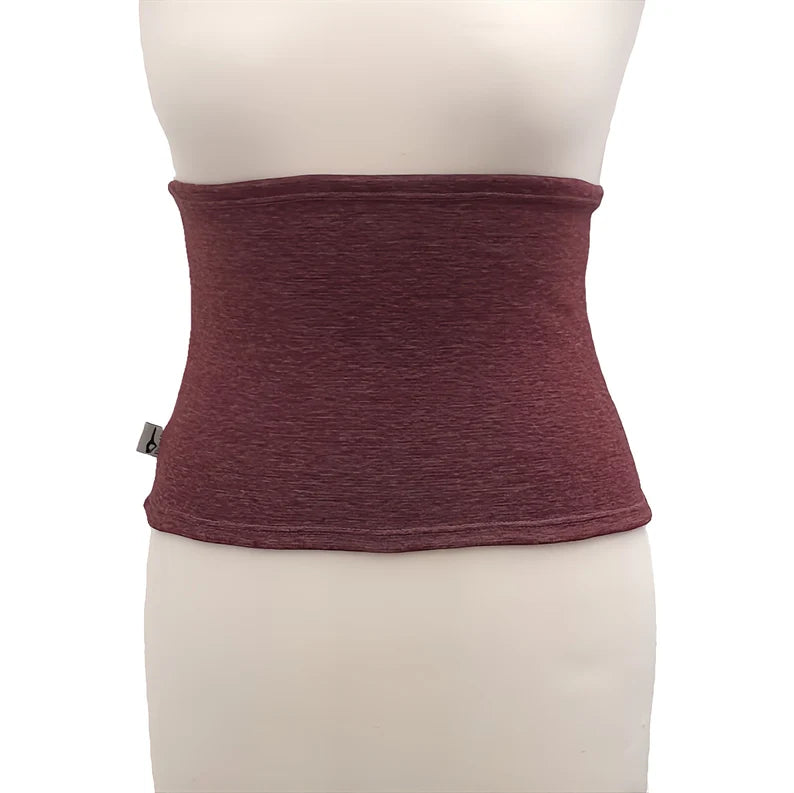 Fly and Fit burgundy red Alpine fleece core warmer worn on a mannequin for thermal insulation and back support.