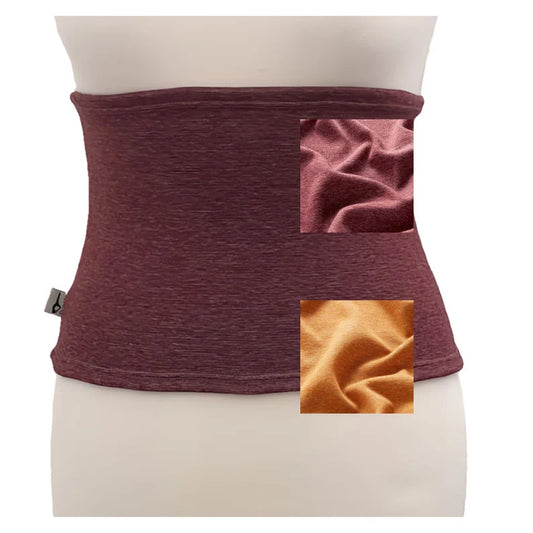 Fly and Fit burgundy Alpine fleece core warmer haramaki for thermal insulation, shown with fabric texture swatches.