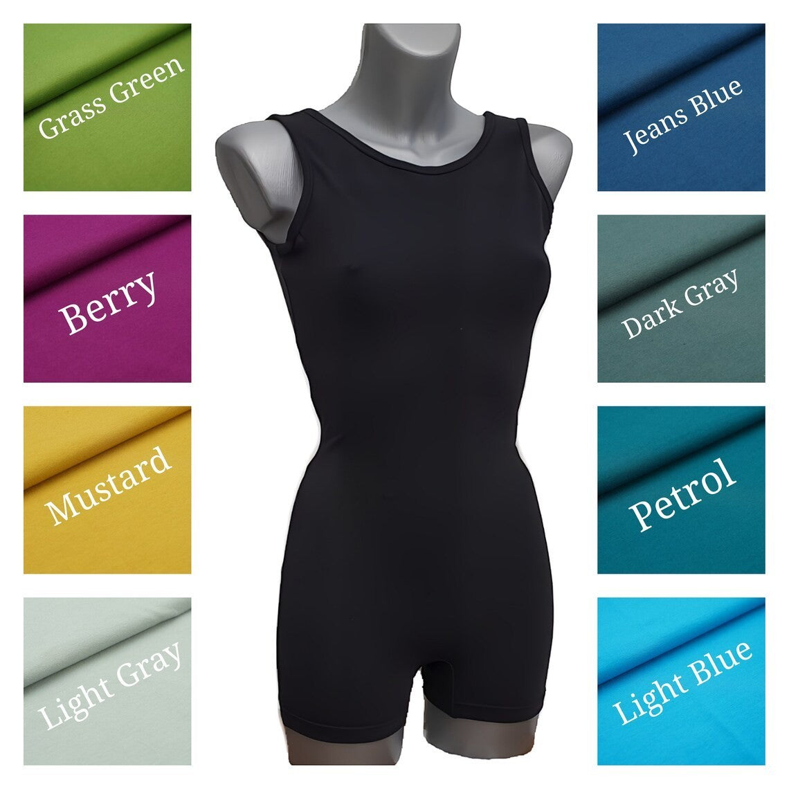 Fly and Fit unisex black cotton unitard on a mannequin surrounded by fabric swatches in various colors.