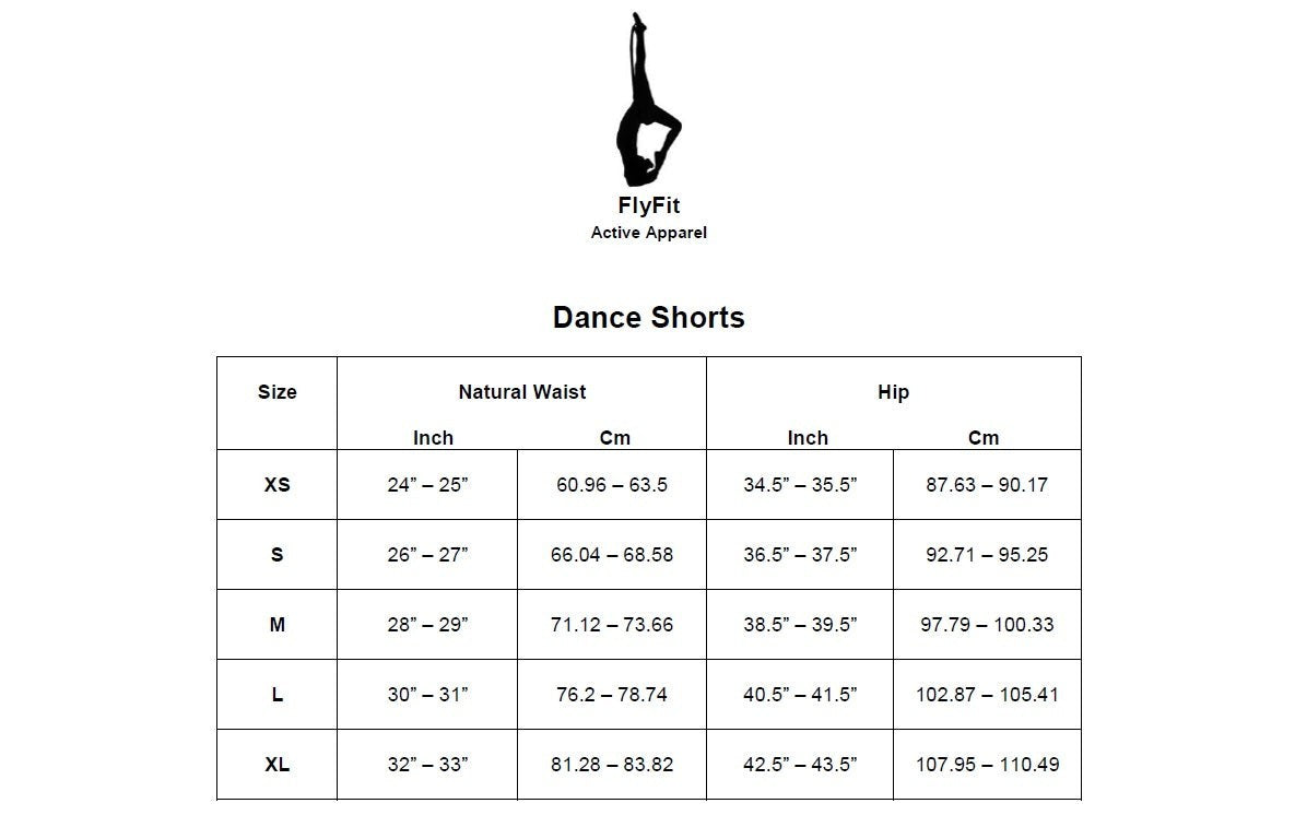 Fly and Fit size chart for dance shorts showing waist and hip measurements in inches and centimeters