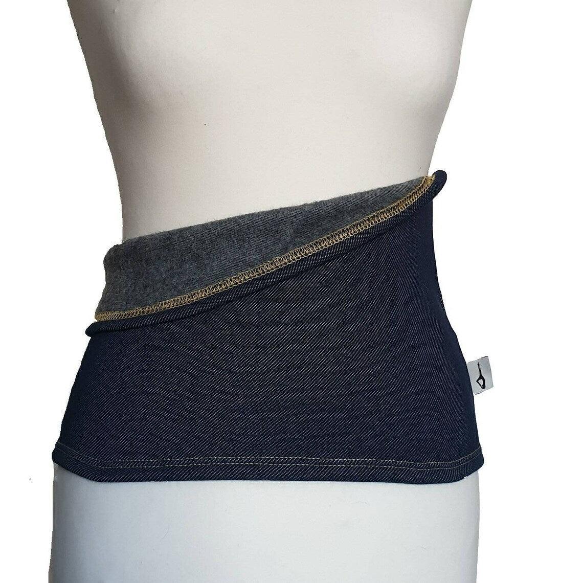 Fly and Fit Alpine Fleece Core Warmer in dark blue denim-look fabric with a soft grey thermal interior lining.