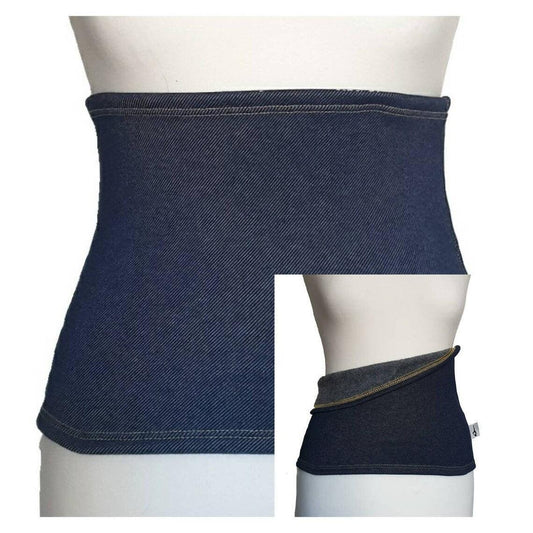 Fly and Fit Alpine Fleece Core Warmer in dark blue denim-look fabric, showing exterior texture and plush grey interior.