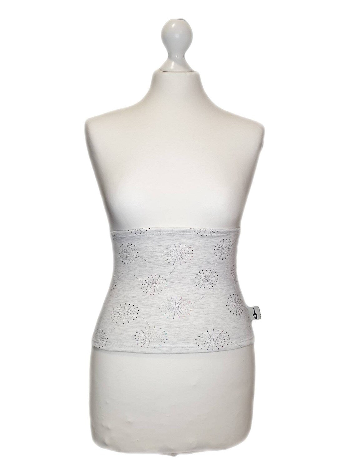 Fly and Fit Alpine fleece core warmer in light grey with a dandelion print, worn on a mannequin for thermal support.
