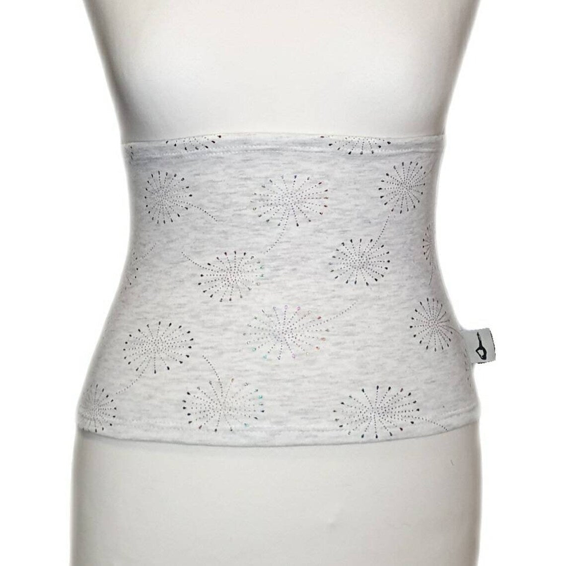 Fly and Fit grey Alpine fleece core warmer with dandelion print worn on a mannequin for thermal insulation.