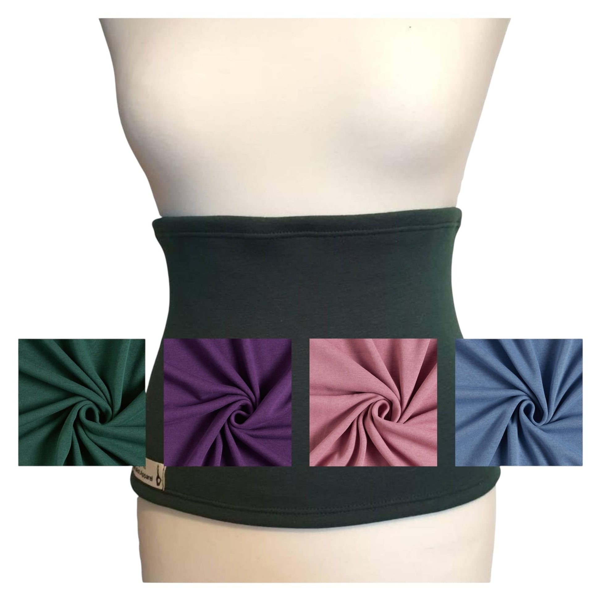 Fly and Fit Alpine fleece core warmer in bottle green worn on a mannequin with fabric swatches in four other colors.