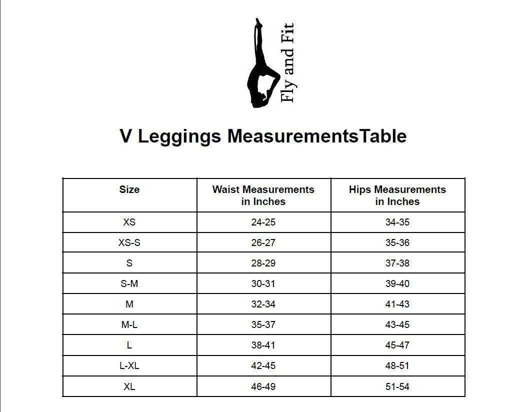 Fly and Fit V-Shape waist leggings size measurement chart for waist and hip sizing in inches.