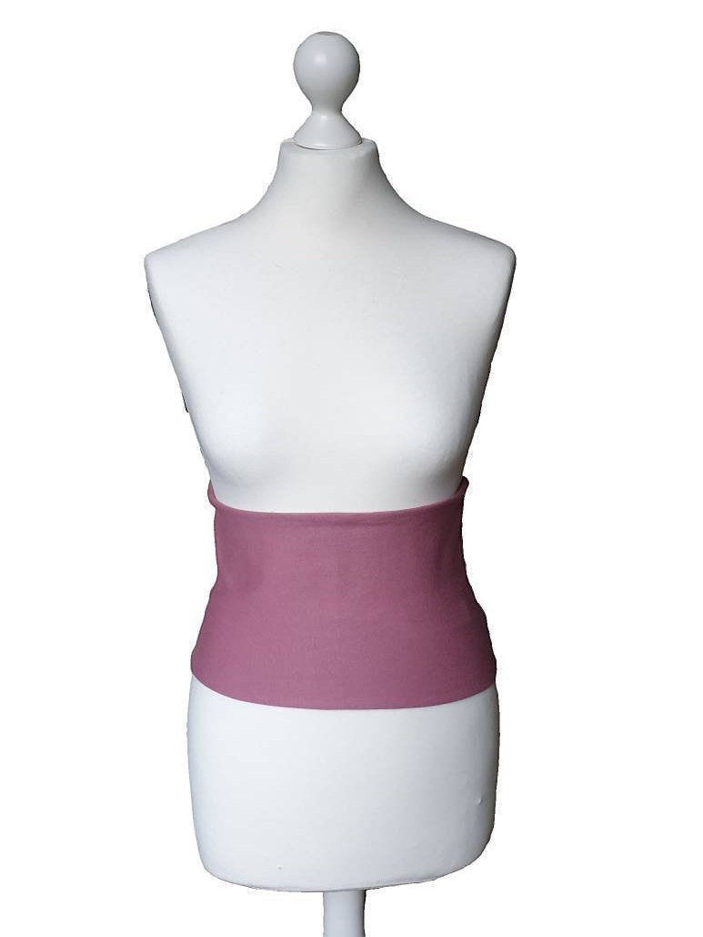 Fly and Fit mauve cotton sweat haramaki wrap for core warmth and recovery. Single layer, stretchy.