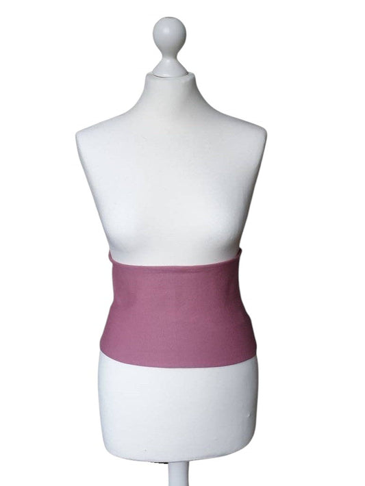 Fly and Fit mauve cotton sweat haramaki wrap for core warmth and recovery. Single layer, stretchy.