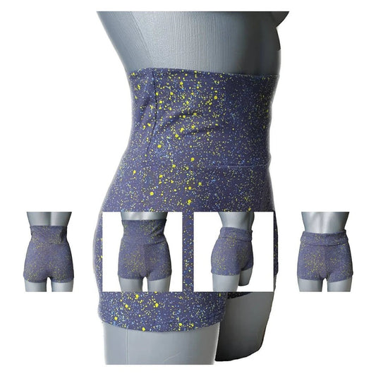 Fly and Fit blue and neon paint splatter cotton shorts with adjustable high-waist to low-rise fit.
