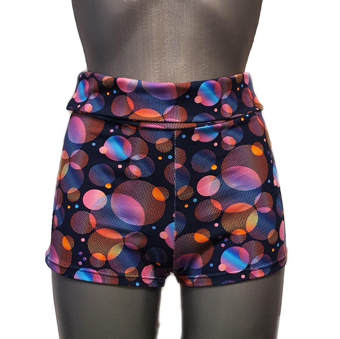 Fly and Fit Psychedelic Bubbles cotton shorts with a high-waist wrap design in a vibrant multi-colored bubble print.