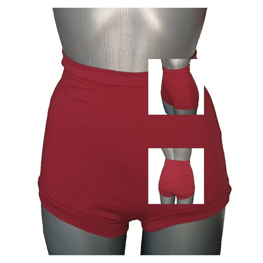 Fly and Fit high-waist red cotton movement shorts with a vintage studio brief cut for aerial and yoga training.