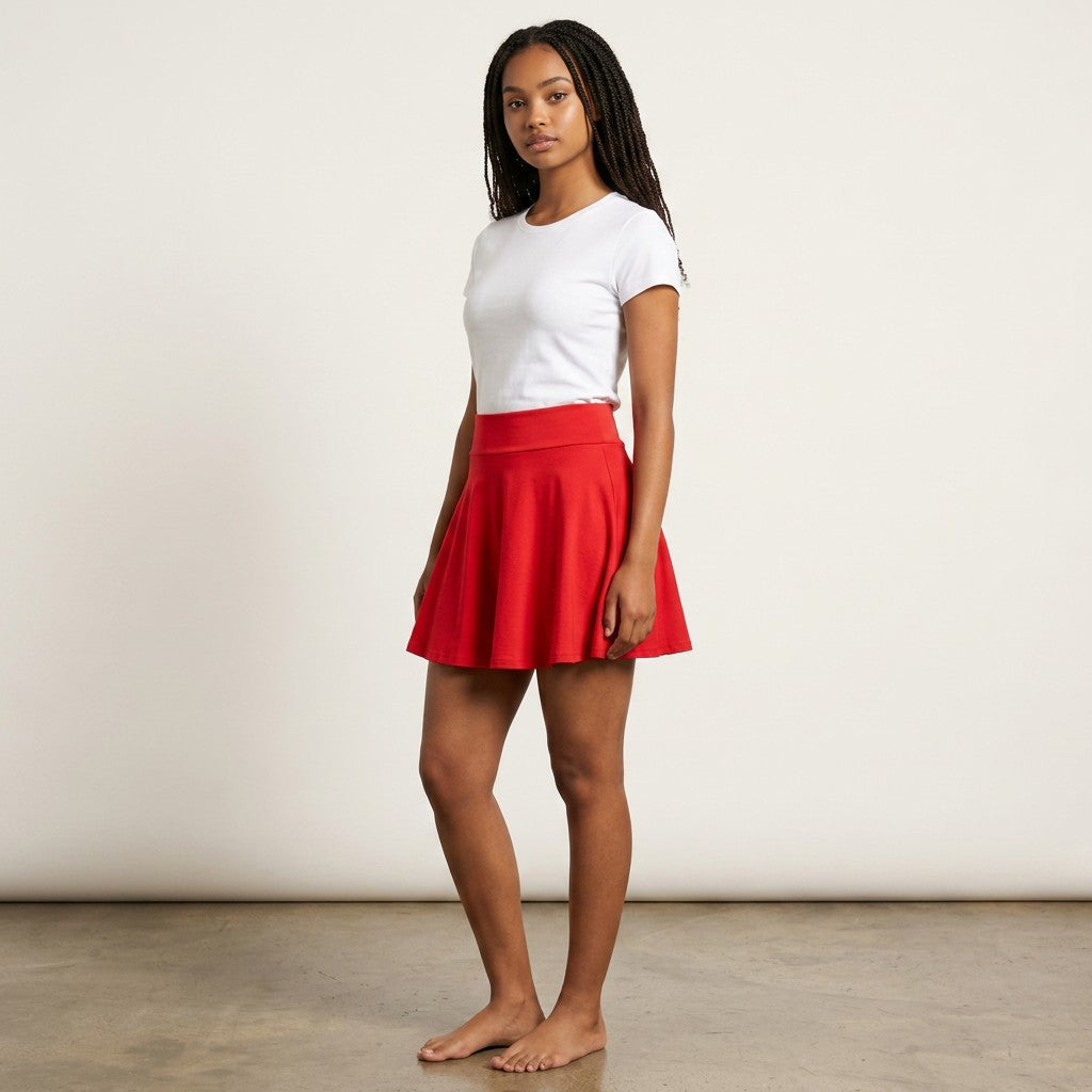 Fly and Fit red cotton skater skirt with a comfortable elastic-free waistband worn by a model in a studio setting.