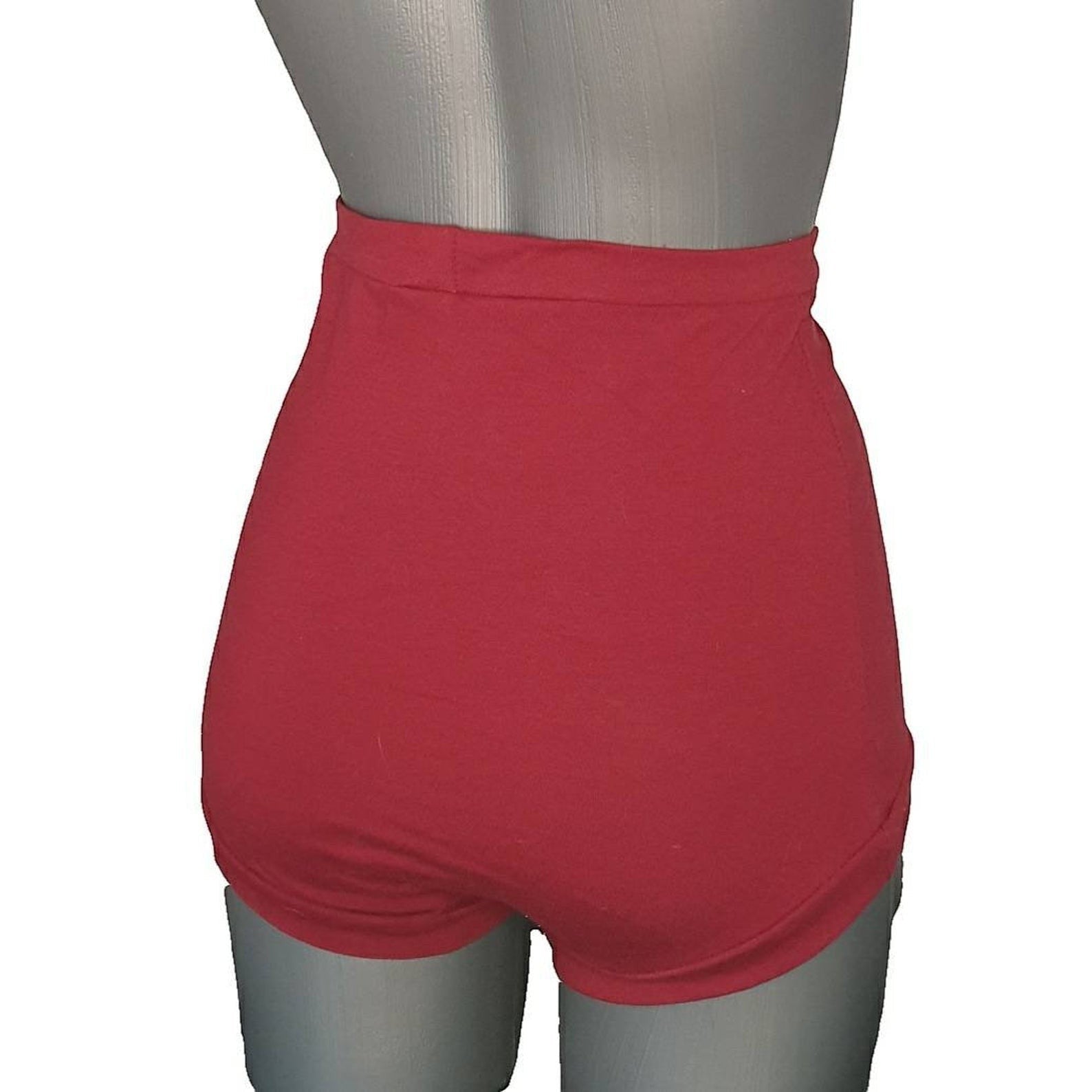 Fly and Fit red high-waist cotton movement shorts with a vintage cut for aerialists and dancers on a mannequin